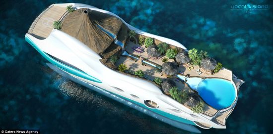 这款豪华游艇可容纳10位乘客，建有停机坪和巨大的酒吧，酒吧前方是一系列海滩小屋