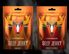 巧妙融合了图案和大地色的Coppernose Jerky 肉干品牌包装设计
